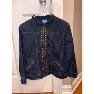 Lark Lane  Petite Women's Denim Jacket Studded Collar Zip Front Dark Wash